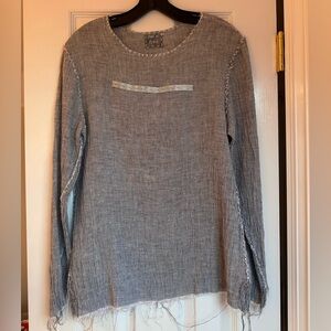 Made on Grand Gray Linen Top Raw Edge Hand Stitched Rhinestones Size Small